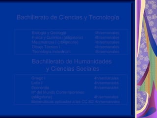 Bachillerato de Ciencias y Tecnología

     Biología y Geología              4h/semanales
     Física y Química (obligatoria)   4h/semanales
     Matemáticas I (obligatoria)      4h/semanales
     Dibujo Técnico I                 4h/semanales
     Tecnología Industrial I          4h/semanales

     Bachillerato de Humanidades
         y Ciencias Sociales
     Griego I                         4h/semanales
     Latín I                          4h/semanales
     Economía                         4h/semanales
     Hª del Mundo Contemporáneo
     (obligatoria)                    4h/semanales
     Matemáticas aplicadas a las CC.SS 4h/semanales
 