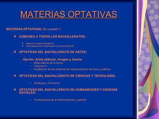 MATERIAS OPTATIVAS
MATERIAS OPTATIVAS: Se cursará 1.

       COMUNES A TODOS LOS BACHILLERATOS:

            Segunda Lengua Extrajera II
            Tecnologías de la Información y la Comunicación

       OPTATIVAS DEL BACHILLERATO DE ARTES:

          Opción: Artes pláticas, imagen y diseño
               – Matemáticas de la forma
               – Volumen II
               – Ampliación de los sistemas de representación técnicos y gráficos

       OPTATIVAS DEL BACHILLERATO DE CIENCIAS Y TECNOLOGÍA:

               – Geología y Economía

       OPTATIVAS DEL BACHILLERATO DE HUMANIDADES Y CIENCIAS
       SOCIALES:

               – Fundamentos de la Administración y gestión
 