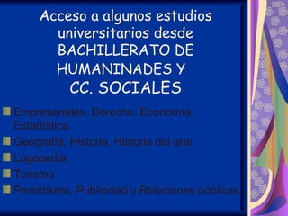 Acceso a algunos estudios
      universitarios desde
      BACHILLERATO DE
      HUMANINADES Y
          CC. SOCIALES
Empresariales, Derecho, Economía,
Estadística
Geografía, Historia, Historia del arte
Logopedia
Turismo
Periodismo, Publicidad y Relaciones públicas
 