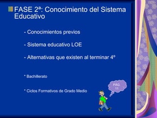 FASE 2ª: Conocimiento del Sistema
Educativo

  - Conocimientos previos

  - Sistema educativo LOE

  - Alternativas que existen al terminar 4º


  * Bachillerato

                                          PÁG.
                                           11
  * Ciclos Formativos de Grado Medio
 