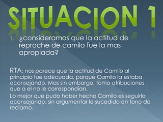 1. ¿consideramos que la actitud de
reproche de camilo fue la mas
apropiada?
RTA: nos parece que la actitud de Camilo al
principio fue adecuada, porque Camilo la estaba
aconsejando. Mas sin embargo, tomo atribuciones
que a el no le correspondían.
Lo mejor que pudo haber hecho Camilo es seguirla
aconsejando, sin argumentar lo sucedido en tono de
reclamo.
 