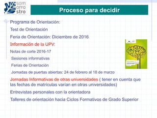 Programa de Orientación:
Test de Orientación
Feria de Orientación: Diciembre de 2016
Información de la UPV:
Notas de corte 2016-17
Sesiones informativas
Ferias de Orientación
Jornadas de puertas abiertas: 24 de febrero al 18 de marzo
Jornadas Informativas de otras universidades ( tener en cuenta que
las fechas de matrículas varían en otras universidades)
Entrevistas personales con la orientadora
Talleres de orientación hacia Ciclos Formativos de Grado Superior
Proceso para decidir
 