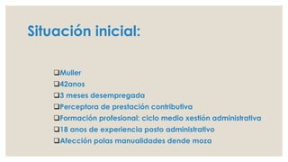 Situación inicial:
Muller
42anos
3 meses desempregada
Perceptora de prestación contributiva
Formación profesional: ciclo medio xestión administrativa
18 anos de experiencia posto administrativo
Afección polas manualidades dende moza
 