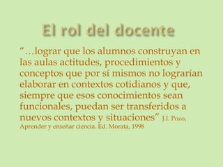 “… lograr que los alumnos construyan en las aulas actitudes, procedimientos y conceptos que por sí mismos no lograrían elaborar en contextos cotidianos y que, siempre que esos conocimientos sean funcionales, puedan ser transferidos a nuevos contextos y situaciones”  J.I. Pozo, Aprender y enseñar ciencia. Ed. Morata, 1998 