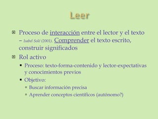 Proceso de  interacción  entre el lector y el texto –  Isabel Solé (2001).   Comprender  el texto escrito, construir significados Rol activo Proceso: texto-forma-contenido y lector-expectativas y conocimientos previos Objetivo:  Buscar información precisa Aprender conceptos científicos (autónomo?) 