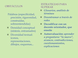 OBSTÁCULOS ESTRATEGIAS PARA SUPERAR Palabras (especificidad, precisión, rigurosidad, construidas, sobreentendidas) Densidad conceptual (síntesis, entramados) Diversidad textual: íconos, representaciones, dibujos, esquemas,.. Glosarios, análisis de términos Desentramar a través de redes Decodificar con un docente orientador, que enseñe Autoevaluación:  aprender a preguntarse “lo nuevo”, avances, contradicciones, cuestionamientos, explicaciones 