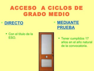 ACCESO  A CICLOS DE GRADO MEDIO DIRECTO Con el título de la ESO. MEDIANTE PRUEBA Tener cumplidos 17 años en el año natural de la convocatoria. 