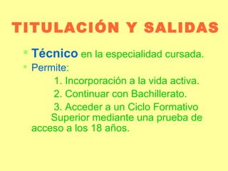 TITULACIÓN Y SALIDAS Técnico  en la especialidad cursada. Permite : 1. Incorporación a la vida activa. 2. Continuar con Bachillerato. 3. Acceder a un Ciclo Formativo  Superior mediante una prueba de acceso a los 18 años.  