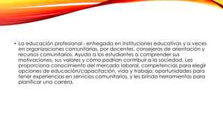 • La educación profesional - entregada en instituciones educativas y a veces
en organizaciones comunitarias, por docentes, consejeros de orientación y
recursos comunitarios. Ayuda a los estudiantes a comprender sus
motivaciones, sus valores y cómo podrían contribuir a la sociedad. Les
proporciona conocimiento del mercado laboral, competencias para elegir
opciones de educación/capacitación, vida y trabajo; oportunidades para
tener experiencias en servicios comunitarios, y les brinda herramientas para
planificar una carrera.
 
