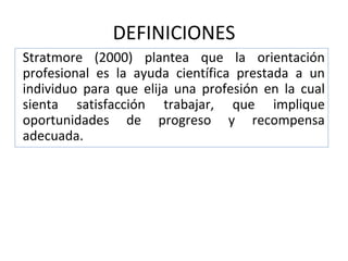 Stratmore (2000) plantea que la orientación
profesional es la ayuda científica prestada a un
individuo para que elija una profesión en la cual
sienta satisfacción trabajar, que implique
oportunidades de progreso y recompensa
adecuada.
DEFINICIONES
 