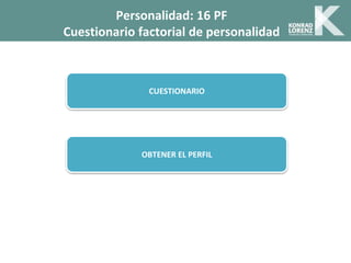 Personalidad: 16 PF
Cuestionario factorial de personalidad
CUESTIONARIO
OBTENER EL PERFIL
 
