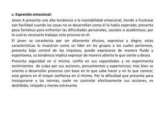 c. Expresión emocional:
Joven A presenta una alta tendencia a la inestabilidad emocional, tiende a frustrase
con facilidad cuando las cosas no se desarrollan como él lo había esperado; presenta
poca fortaleza para enfrentar las dificultades personales, sociales o académicas; por
lo cual es necesario trabajar este proceso en él.
El joven se caracteriza por ser altamente efusivo, expresivo y alegre; estas
características lo muestran como un líder en los grupos a los cuales pertenece,
presenta bajo control de los impulsos, puede expresarse de manera fluida y
espontanea, su tendencia implica expresar de manera abierta lo que siente y desea.
Presenta seguridad en sí mismo, confía en sus capacidades y no experimenta
sentimientos de culpa por sus acciones, pensamientos y experiencias; más bien se
orienta a desarrollar procesos con base en lo que sabe hacer y en lo que conoce;
esto genera en él mayor confianza en sí mismo. Por la dificultad que presenta para
incorporarse a las normas, suele no controlar efectivamente sus acciones, es
deshibido, relajado y menos estresante.
 