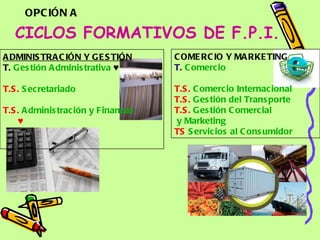 CICLOS FORMATIVOS DE F.P.I. COMERCIO Y MARKETING T.   Comercio   T.S.   Comercio   Internacional   T.S.   Gestión  del  Transporte   T.S.   Gestión   Comercial  y Marketing TS  Servicios  al  Consumidor   OPCIÓN A ADMINISTRACIÓN Y GESTIÓN   T.  Gestión   Administrativa   ♥   T.S.  Secretariado T.S.  Administración  y  Finanzas ♥ 