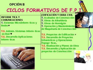 CICLOS FORMATIVOS DE F.P.I. EDIFICACIÓN Y OBRA CIVIL T.   Acabados  de  Construcción T.   Obras  de  Albañilería   T.   Obras  de  Hormigón T.   Operación  y  Mantenimiento   de  Maquinaria  de  Construcción   T.S.   Proyectos  de  Edificación  ≠ T.S.   Desarrollo  de  Proyectos   Urbanísticos  y  Operaciones   Topográficas .  T.S.   Realización  y Planes de  Obra   T.S.   Desarrollo  y  Aplicación  de  proyectos  de  Construcción   INFORMÁTICA Y COMUNICACIONES  T.   Sistemas   Microinformáticos  y  Redes ♥ T.S.   Admón .  Sistemas   Informáticos  en Red  ♥ T.S.   Desarrollo   Aplicaciones   Informáticas   OPCIÓN B 