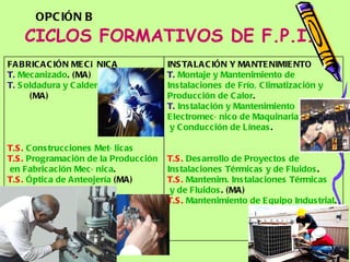 CICLOS FORMATIVOS DE F.P.I. INSTALACIÓN Y MANTENIMIENTO T.   Montaje  y  Mantenimiento  de  Instalaciones  de  Frío ,  Climatización  y  Producción  de  Calor .  T.   Instalación  y  Mantenimiento   Electromecánico  de  Maquinaria  y  Conducción  de  Líneas .  T.S.   Desarrollo  de  Proyectos  de  Instalaciones   Térmicas  y de  Fluidos .  T.S.   Mantenim .  Instalaciones   Térmicas  y de  Fluidos . (MA) T.S.   Mantenimiento  de  Equipo  Industrial .  FABRICACIÓN MECÁNICA T.   Mecanizado . (MA) T.   Soldadura  y  Calderería (MA) T.S.   Construcciones   Metálicas   T.S.   Programación  de la  Producción  en  Fabricación   Mecánica .  T.S.   Óptica  de  Anteojería  (MA) OPCIÓN B 