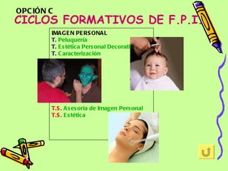 CICLOS FORMATIVOS DE F.P.I. IMAGEN PERSONAL T.   Peluquería   T.   Estética  Personal  Decorativa   T.   Caracterización T.S.   Asesoría  de  Imagen  Personal T.S.   Estética OPCIÓN C 