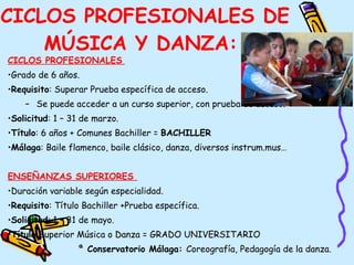 CICLOS PROFESIONALES   Grado de 6 años.  Requisito : Superar Prueba específica de acceso.  Se puede acceder a un curso superior, con prueba de acceso.  Solicitud : 1 – 31 de marzo.  Título : 6 años + Comunes Bachiller =  BACHILLER Málaga : Baile flamenco, baile clásico, danza, diversos instrum.mus… ENSEÑANZAS SUPERIORES  Duración variable según especialidad.  Requisito : Título Bachiller +Prueba específica.  Solicitud : 1 – 31 de mayo.  Título  Superior Música o Danza = GRADO UNIVERSITARIO Conservatorio Málaga:  Coreografía, Pedagogía de la danza.  CICLOS PROFESIONALES DE MÚSICA Y DANZA:  