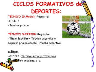 TÉCNICO (G.Medio):  Requisito:  E.S.O. o  Superar prueba.  TÉCNICO SUPERIOR : Requisito:  Título Bachiller + Técnico deportivo o Superar prueba acceso + Prueba deportiva.  Málaga : CEDIFA:  Técnico Fútbol y fútbol sala . Federación andaluza, etc. SOLICITUD : Dirigirse al centro autorizado.  CICLOS FORMATIVOS de DEPORTES:  