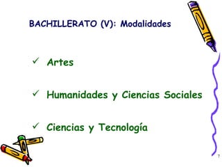 BACHILLERATO (V): Modalidades Artes Humanidades y Ciencias Sociales Ciencias y Tecnología 