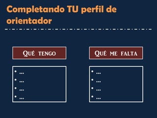 Completando TU perfil de orientador 
Qué tengo 
Qué me falta 
•… 
•… 
•… 
•… 
•… 
•… 
•… 
•…  