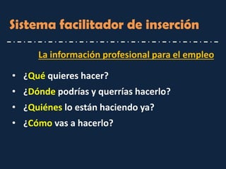 La información profesional para el empleo 
Sistema facilitador de inserción 
•¿Qué quieres hacer? 
•¿Dónde podrías y querrías hacerlo? 
•¿Quiénes lo están haciendo ya? 
•¿Cómo vas a hacerlo?  