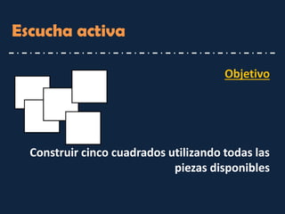 Escucha activa 
Construir cinco cuadrados utilizando todas las piezas disponibles 
Objetivo  