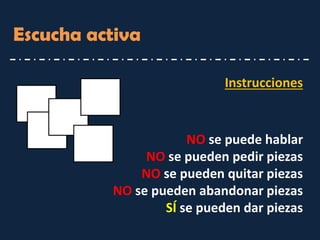 Escucha activa 
NO se puede hablar 
NO se pueden pedir piezas 
NO se pueden quitar piezas 
NO se pueden abandonar piezas 
SÍ se pueden dar piezas 
Instrucciones  