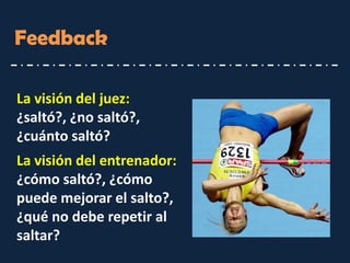 Feedback 
La visión del juez: ¿saltó?, ¿no saltó?, ¿cuánto saltó? 
La visión del entrenador: ¿cómo saltó?, ¿cómo puede mejorar el salto?, ¿qué no debe repetir al saltar?  