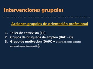 Acciones grupales de orientación profesional 
1.Taller de entrevista (TE). 
2.Grupos de búsqueda de empleo (BAE – G). 
3.Grupo de motivación (DAPO – Desarrollo de los aspectos personales para la ocupación). 
Intervenciones grupales  