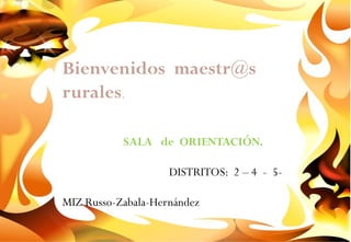 Bienvenidos maestr@s
rurales.

           SALA de ORIENTACIÓN.

                    DISTRITOS: 2 – 4 - 5-

MIZ Russo-Zabala-Hernández
 