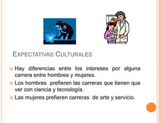 EXPECTATIVAS CULTURALES
 Hay diferencias entre los intereses por alguna
carrera entre hombres y mujeres.
 Los hombres prefieren las carreras que tienen que
ver con ciencia y tecnología.
 Las mujeres prefieren carreras de arte y servicio.
 