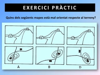 EXERCICI PRÀCTIC
Quins dels següents mapes està mal orientat respecte al terreny?
 