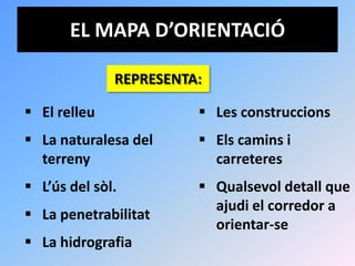 EL MAPA D’ORIENTACIÓ

              REPRESENTA:

 El relleu              Les construccions
 La naturalesa del      Els camins i
  terreny                 carreteres
 L’ús del sòl.          Qualsevol detall que
                          ajudi el corredor a
 La penetrabilitat
                          orientar-se
 La hidrografia
 