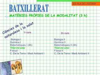 BATXILLERAT MATÈRIES PRÒPIES DE LA MODALITAT (3 h) Ciències de la naturalesa i la salut    Biologia I Química I Matemàtiques I (4h) Triar-ne una: Física I C. De la Terra i Medi Ambient I 1r curs Biologia II Química II Matemàtiques II (4h) Triar-ne una: Física II C. De la Terra i Medi Ambient II  2n curs IES PLA DE ֳմ 