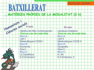 BATXILLERAT MATÈRIES PRÒPIES DE LA MODALITAT (3 h) Humanitats i Ciències socials   Història del Món Contemporani Triar-ne una de cada bloc Bloc A Llatí I  Matemàtiques CCSS I Bloc B Economia  Grec I  Bloc C Lit.Castellana  E.O.Empresa I  1r curs Literatura Catalana Triar-ne una de cada bloc Bloc A Llatí II Matemàtiques CCSS II Bloc B Geografia  Grec II Bloc C H. Art E.O.Empresa. II  2n curs IES PLA DE ֳմ 
