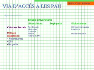 VIA D’ACCÉS A LES PAU  IES PLA DE ֳմ Ciències Empresarials Estadística  Disseny Industrial   Ad. i Direcció d’Empreses Economia Història Història de l’Art   Ciències Socials Matèries obligatòries: - Matemàtiques CCSS Geografia   Diplomatures: Enginyeria: Llicenciatura: Estudis universitaris  