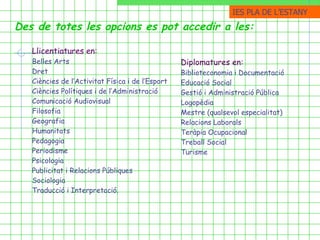 Llicentiatures en:   Belles Arts Dret Ciències de l’Activitat Física i de l’Esport Ciències Polítiques i de l’Administració Comunicació Audiovisual Filosofia Geografia Humanitats Pedagogia Periodisme Psicologia Publicitat i Relacions Públiques Sociologia Traducció i Interpretació. Des de totes les opcions es pot accedir a les: Diplomatures en:   Biblioteconomia i Documentació Educació Social Gestió i Administració Pública Logopèdia Mestre (qualsevol especialitat) Relacions Laborals Teràpia Ocupacional Treball Social Turisme   IES PLA DE ֳմ 