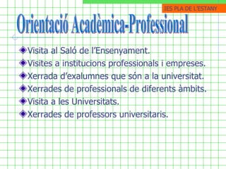 Visita al Saló de l’Ensenyament. Visites a institucions professionals i empreses. Xerrada d’exalumnes que són a la universitat. Xerrades de professionals de diferents àmbits. Visita a les Universitats. Xerrades de professors universitaris. Orientació Acadèmica-Professional IES PLA DE ֳմ 
