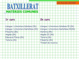 MATÈRIES COMUNES BATXILLERAT 1r curs Llengua i Literatura Catalana (3h) Llengua i Literatura Castellana (3h) Filosofia (3h) Anglès (3h) Educació Física (2h) Tutoria (1h) 2n curs Llengua i Literatura Catalana II (3h) Llengua i Literatura Castellana II(3h) Història (4h) Anglès II (3h) Tutoria (1h) Filosofia (3h) Treball de recerca IES PLA DE ֳմ 