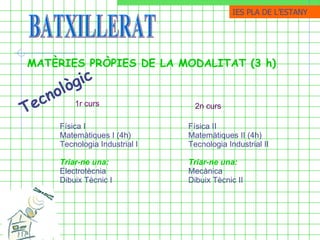 BATXILLERAT MATÈRIES PRÒPIES DE LA MODALITAT (3 h) Tecnològic Física I Matemàtiques I (4h) Tecnologia Industrial I Triar-ne una: Electrotècnia Dibuix Tècnic I  1r curs Física II Matemàtiques II (4h) Tecnologia Industrial II Triar-ne una: Mecànica Dibuix Tècnic II 2n curs IES PLA DE ֳմ 
