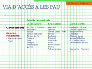 VIA D’ACCÉS A LES PAU  IES PLA DE ֳմ Arquitectura Tècnica Ciències Empresarials Disseny industrial Estadística Màquines Navals Navegació Marítima Òptica i Optometria Radioelectrònica Naval   Enginyeries Tècniques ... Aeronàutic Agrònom Camins, Canals i Ports Forests Geològica Industrial Informàtica Mines Naval i Oceànic Químic Telecomunicació Ad. Direcció Empreses Arquitectura Biologia Ciències Ambientals Ciències del Mar Economia Física Geologia Matemàtiques Química  Cientificotècnic  Matèries obligatòries: - Matemàtiques - Física Diplomatures: Enginyeria: Llicenciatura: Estudis universitaris  