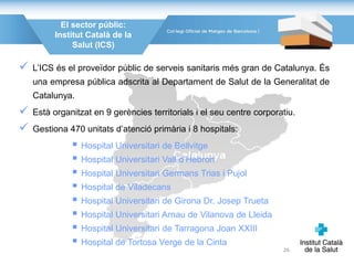  L’ICS és el proveïdor públic de serveis sanitaris més gran de Catalunya. És
una empresa pública adscrita al Departament de Salut de la Generalitat de
Catalunya.
 Està organitzat en 9 gerències territorials i el seu centre corporatiu.
 Gestiona 470 unitats d’atenció primària i 8 hospitals:
 Hospital Universitari de Bellvitge
 Hospital Universitari Vall d’Hebron
 Hospital Universitari Germans Trias i Pujol
 Hospital de Viladecans
 Hospital Universitari de Girona Dr. Josep Trueta
 Hospital Universitari Arnau de Vilanova de Lleida
 Hospital Universitari de Tarragona Joan XXIII
 Hospital de Tortosa Verge de la Cinta
El sector públic:
Institut Català de la
Salut (ICS)
26
 