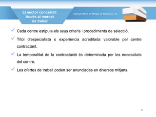 El sector concertat:
Accés al mercat
de treball
 Cada centre estipula els seus criteris i procediments de selecció.
 Títol d’especialista o experiència acreditada valorable pel centre
contractant.
 La temporalitat de la contractació és determinada per les necessitats
del centre.
 Les ofertes de treball poden ser anunciades en diversos mitjans.
31
31
 