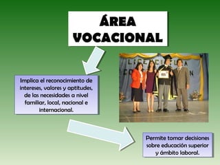 ÁREA
                        ÁREA
                     VOCACIONAL
                     VOCACIONAL

Implica el reconocimiento de
 Implica el reconocimiento de
intereses, valores yyaptitudes,
 intereses, valores aptitudes,
  de las necesidades a nivel
    de las necesidades a nivel
   familiar, local, nacional e
    familiar, local, nacional e
         internacional.
          internacional.



                                  Permite tomar decisiones
                                   Permite tomar decisiones
                                  sobre educación superior
                                   sobre educación superior
                                      yyámbito laboral.
                                         ámbito laboral.
 