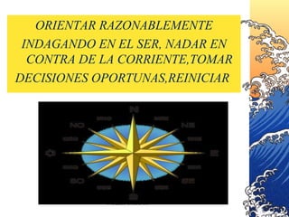 ORIENTAR RAZONABLEMENTE 
INDAGANDO EN EL SER, NADAR EN 
CONTRA DE LA CORRIENTE,TOMAR 
DECISIONES OPORTUNAS,REINICIAR 
NUBIA OMANA 
 