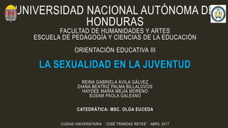UNIVERSIDAD NACIONAL AUTÓNOMA DE
HONDURAS
FACULTAD DE HUMANIDADES Y ARTES
ESCUELA DE PEDAGOGÍA Y CIENCIAS DE LA EDUCACIÓN
ORIENTACIÓN EDUCATIVA III
LA SEXUALIDAD EN LA JUVENTUD
REINA GABRIELA ÁVILA GÁLVEZ
DIANA BEATRIZ PALMA BILLALOVOS
HAYDEE MARÍA MEJÍA MORENO
SUSAM PAOLA GALEANO
CATEDRÁTICA: MSC. OLGA EUCEDA
CUIDAD UNIVERSITARIA “JOSÉ TRINIDAD REYES” ABRIL 2017
 