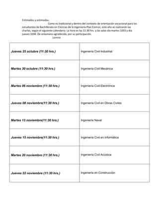 Estimados y estimadas:
Como es tradicional y dentro del contexto de orientación vocacional para los
estudiantes de Bachillerato en Ciencias de la Ingeniería Plan Común, este año se realizarán las
charlas, según el siguiente calendario. La hora es las 11:30 hrs. y las salas día martes 3203 y día
jueves 3204. De antemano agradecida, por su participación.
Lorena
Jueves 25 octubre (11:30 hrs.) Ingeniería Civil Industrial
Martes 30 octubre (11:30 hrs.) Ingeniería Civil Mecánica
Martes 06 noviembre (11:30 hrs.) Ingeniería Civil Electrónica
Jueves 08 noviembre(11:30 hrs.) Ingeniería Civil en Obras Civiles
Martes 13 noviembre(11:30 hrs.) Ingeniería Naval
Jueves 15 noviembre(11:30 hrs.) Ingeniería Civil en Informática
Martes 20 noviembre (11:30 hrs.) Ingeniería Civil Acústica
Jueves 22 noviembre (11:30 hrs.) Ingeniería en Construcción
 