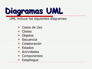 Diagramas UML UML incluye los siguientes diagramas: Casos de Uso Clases Objetos Secuencia Colaboración Estados Actividades Componentes Despliegue 