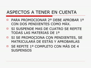 ASPECTOS A TENER EN CUENTA PARA PROMOCIONAR 2º DEBE APROBAR 1º CON DOS PENDIENTES COMO MÁX. SI SUSPENDE MAS DE CUATRO SE REPITE TODAS LAS MATERIAS DE 1º SI SE PROMOCIONA CON PENDIENTES, SE MATRICULARÁ DE ESTÁS Y APROBARLAS SE REPITE 1º COMPLETO CON MÁS DE 4 SUSPENSOS 