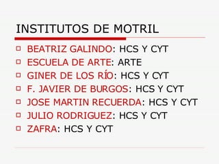 INSTITUTOS DE MOTRIL BEATRIZ GALINDO : HCS Y CYT ESCUELA DE ARTE : ARTE GINER DE LOS RÍO : HCS Y CYT F. JAVIER DE BURGOS : HCS Y CYT JOSE MARTIN RECUERDA : HCS Y CYT JULIO RODRIGUEZ : HCS Y CYT ZAFRA : HCS Y CYT 